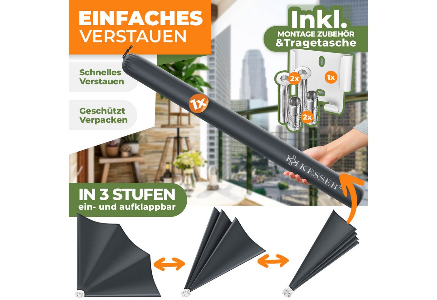 KESSER Balkonsichtschutz Balkonfächer klappbar mit Wandhalterung 140x140cm Markise Sichtschutz – Bild 5 von 5