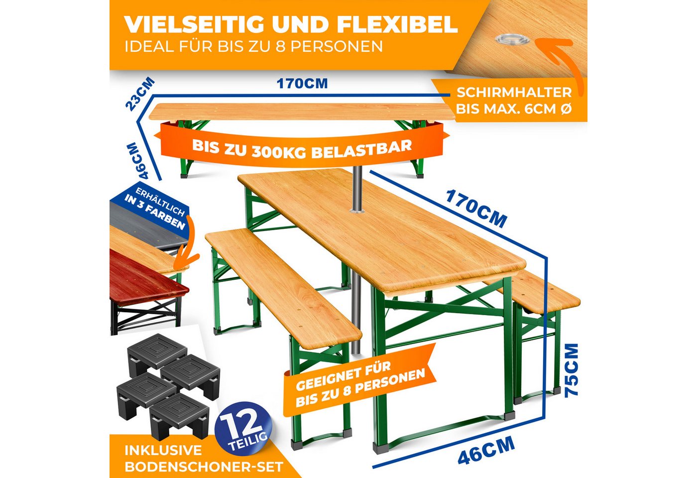 KESSER Bierzeltgarnitur 3 teiliges-Set, Festzeltgarnitur, 170cm, Klappbar, 2x Bierbank, 1x Biertisch, Bodenschoner – Bild 2 von 5