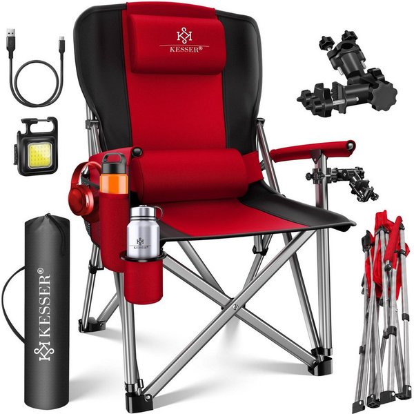 KESSER Campingstuhl (Strandstuhl mit hoher Rückenlehne + Tasche), Campingstuhl Inkl. Campinglicht, Angelhalterung und Getränkehalter
