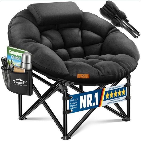 KESSER Campingstuhl XXL faltbar, bis 150 kg, inkl. Kissen, Seitentasche & Cover, Outdoor + Indoor für Camping, Angeln, Festival & Stran