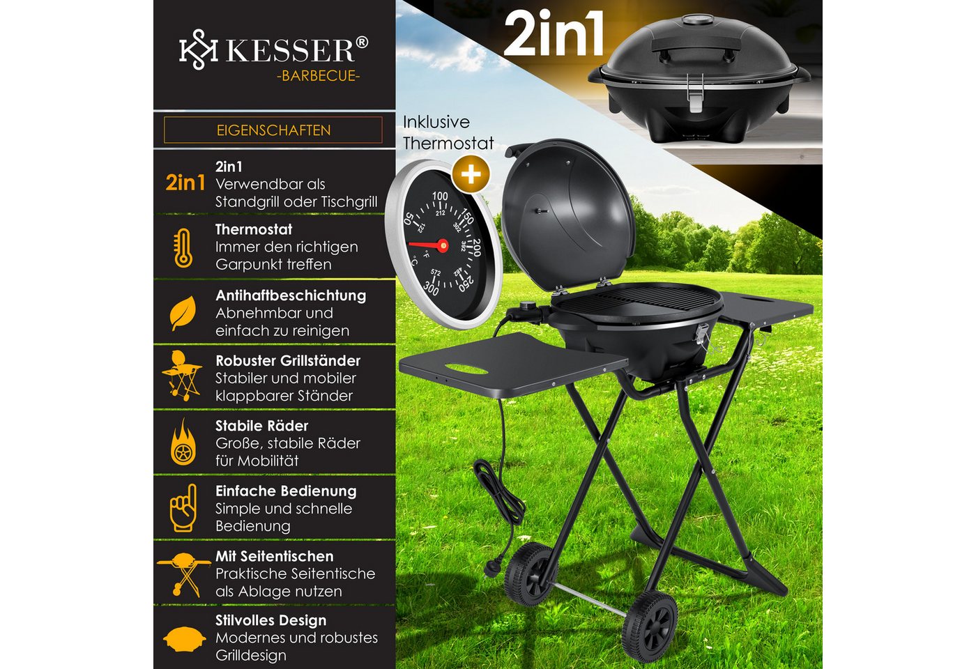 KESSER Elektro-Standgrill, elektrischer Elektrogrill 2in1 Tischgrill Standgrill Deckel – Bild 3 von 5