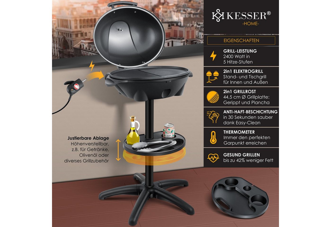 KESSER Elektro-Standgrill, elektrischer Grill mit Deckel, Thermometer & Antihaftbeschichtung – Bild 2 von 5