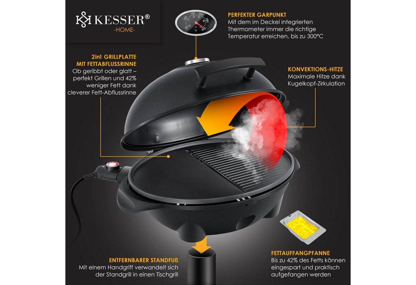 KESSER Elektro-Standgrill, elektrischer Grill mit Deckel, Thermometer & Antihaftbeschichtung – Bild 3 von 5