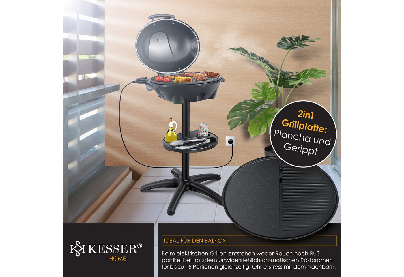 KESSER Elektro-Standgrill, elektrischer Grill mit Deckel, Thermometer & Antihaftbeschichtung – Bild 5 von 5