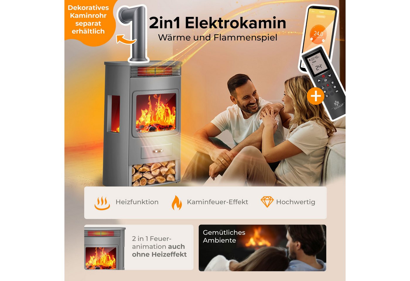 KESSER Elektrokamin, Prio Elektrokamin mit Heizung Heizlüfter Fernbedienung WiFi – Bild 2 von 5