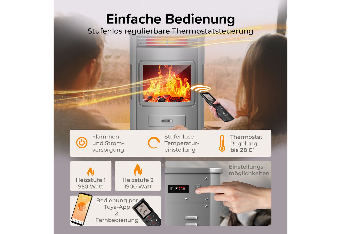 KESSER Elektrokamin, Prio Elektrokamin mit Heizung Heizlüfter Fernbedienung WiFi – Bild 5 von 5