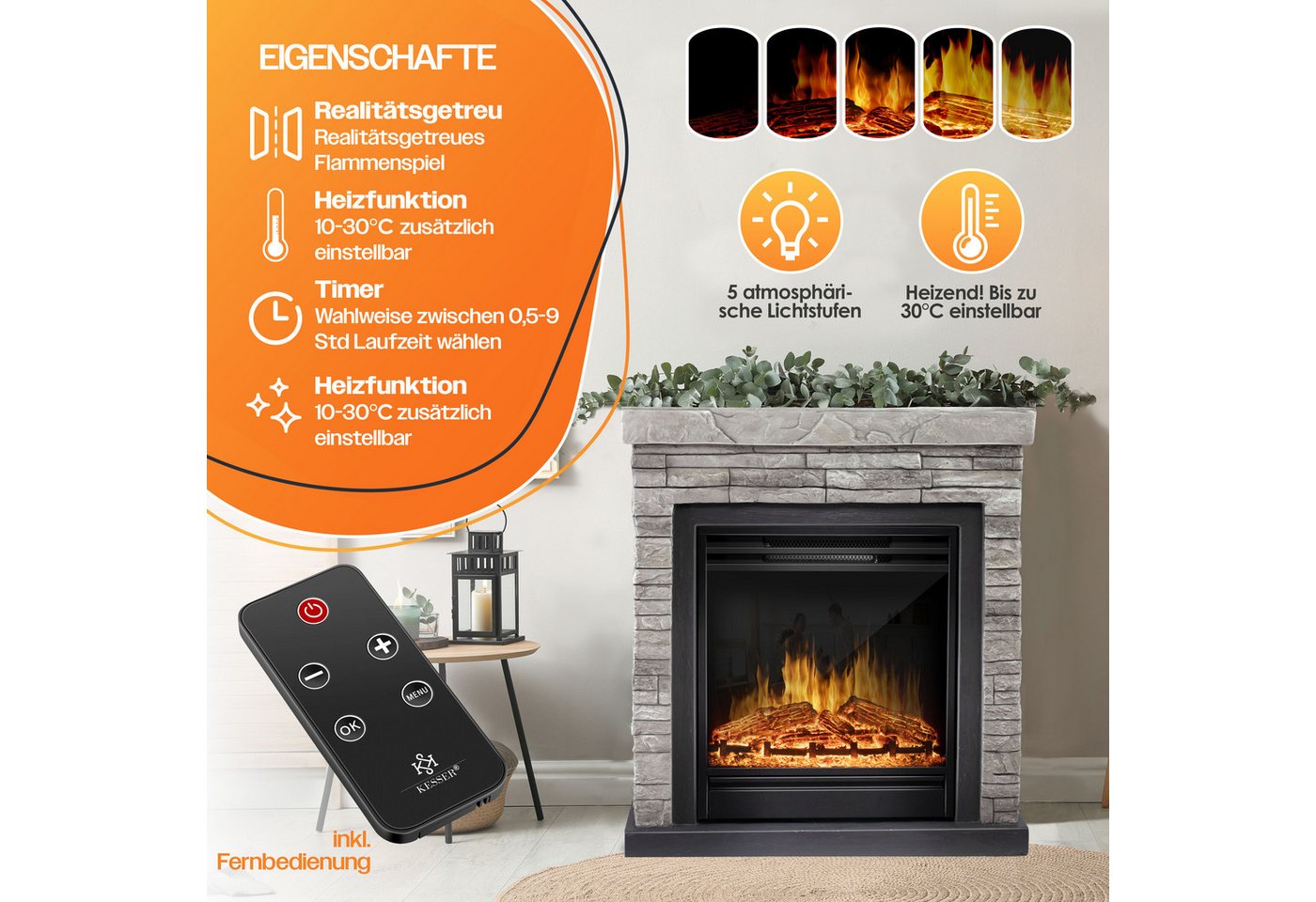 KESSER Elektrokamin, Elektrokamin Standkamin Kamin elektrisch mit LED 3D-Flamme – Bild 2 von 5