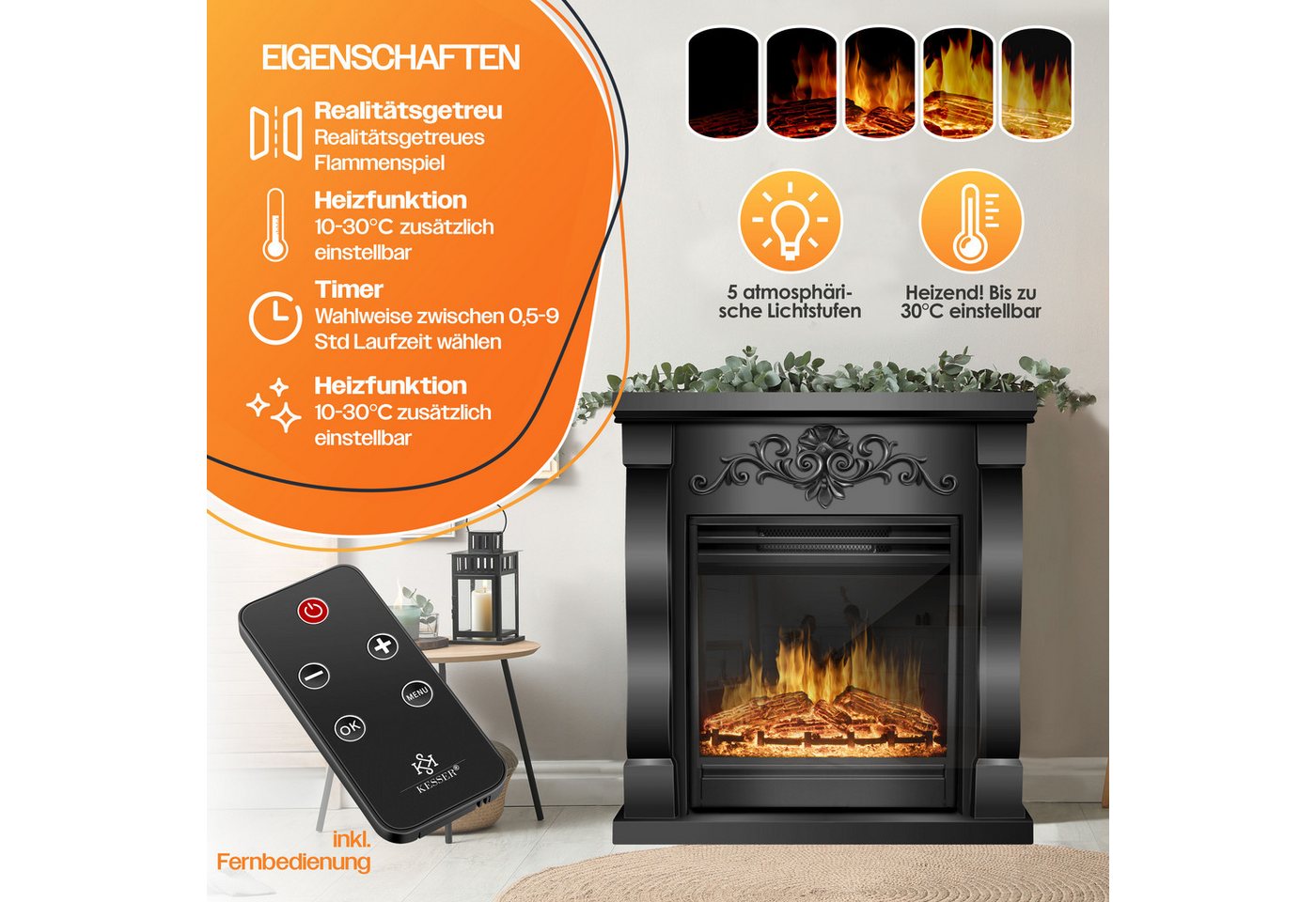 KESSER Elektrokamin, Elektrokamin Standkamin Kamin elektrisch mit LED 3D-Flamme – Bild 2 von 5