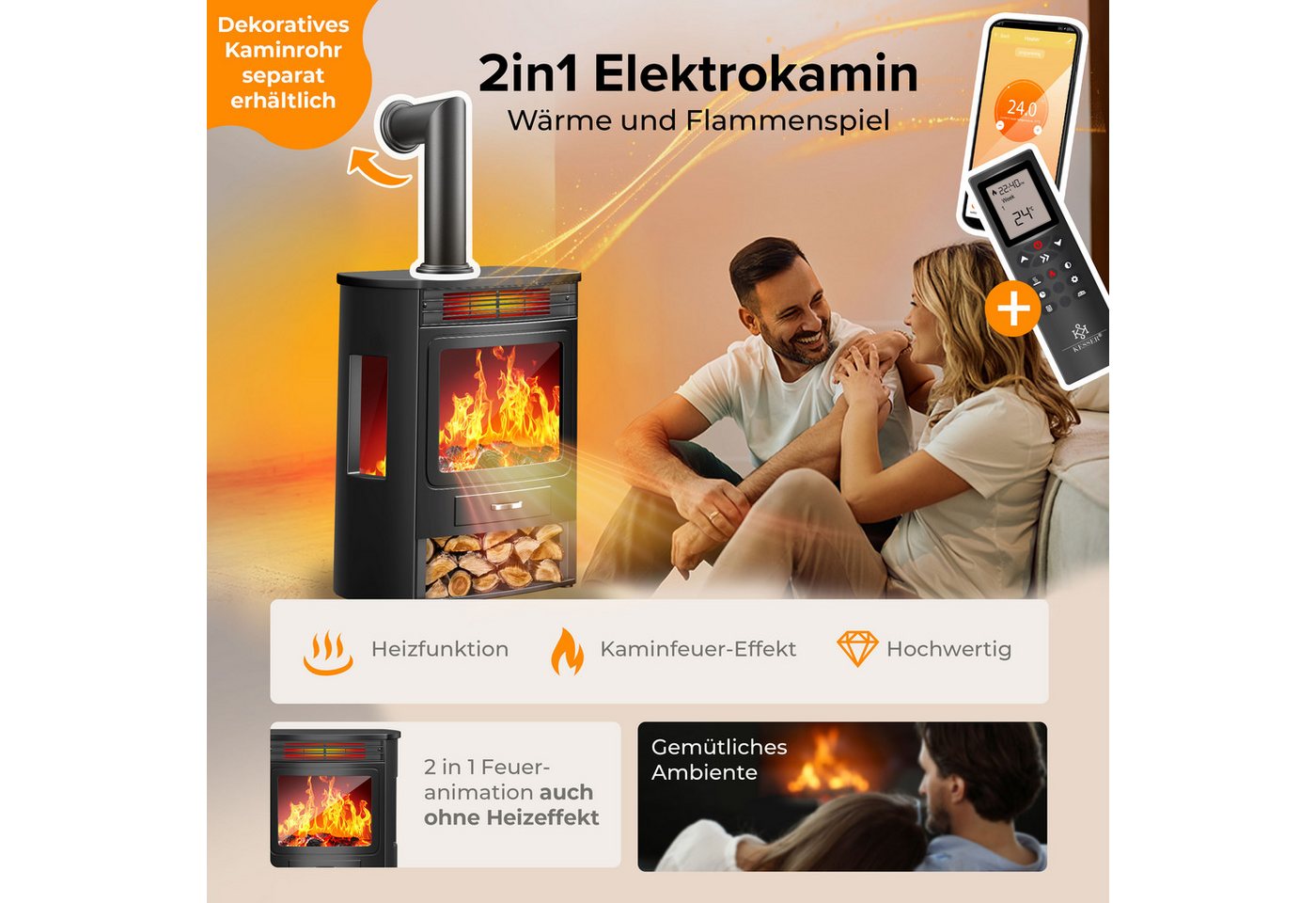 KESSER Elektrokamin, Prio Elektrokamin mit Heizung Heizlüfter Fernbedienung WiFi – Bild 2 von 5