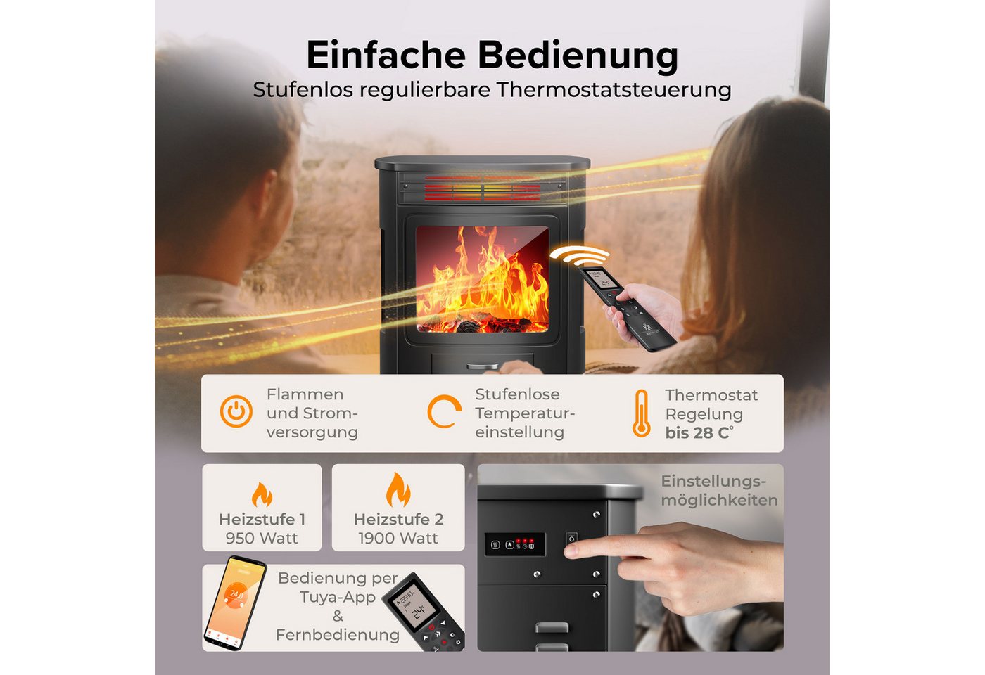 KESSER Elektrokamin, Prio Elektrokamin mit Heizung Heizlüfter Fernbedienung WiFi – Bild 5 von 5