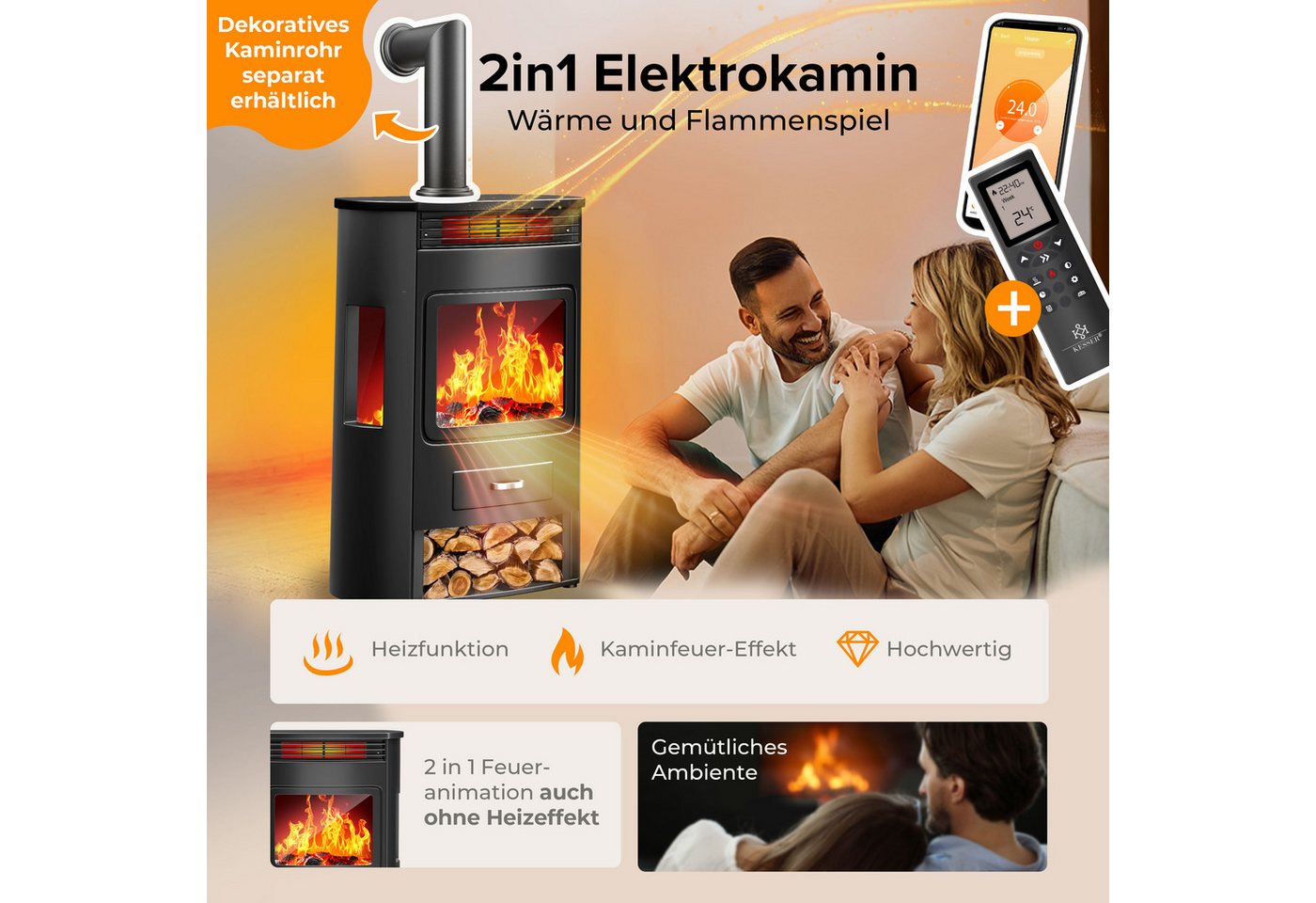 KESSER Elektrokamin, Prio Elektrokamin mit Heizung Heizlüfter Fernbedienung WiFi – Bild 2 von 5