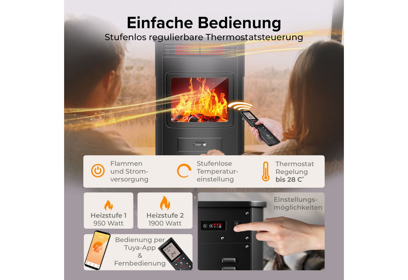 KESSER Elektrokamin, Prio Elektrokamin mit Heizung Heizlüfter Fernbedienung WiFi – Bild 5 von 5