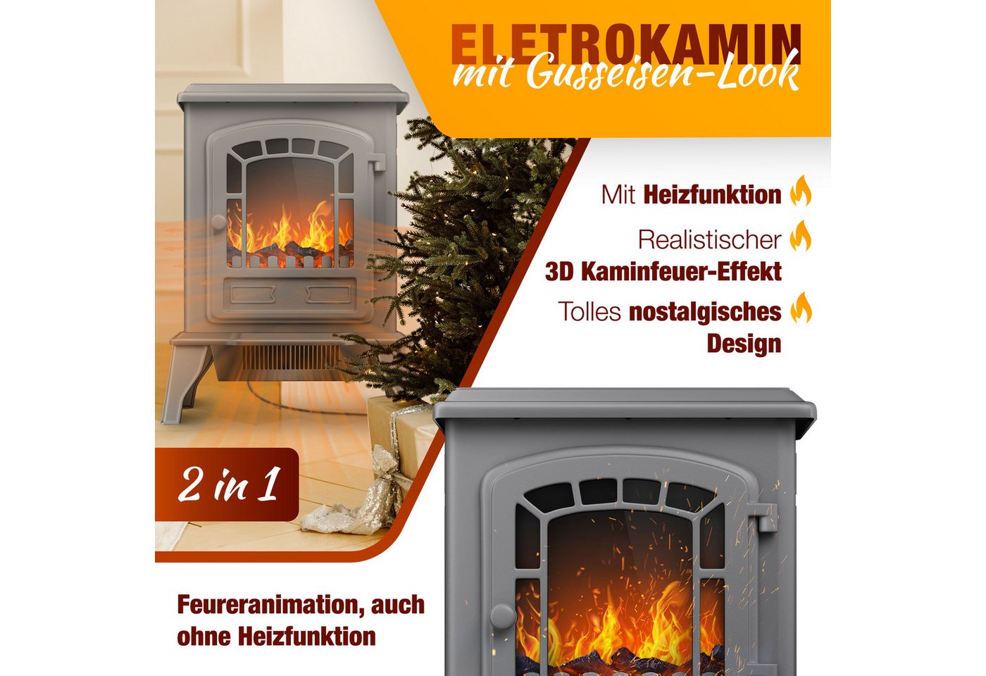 KESSER Elektrokamin 2 in 1, Heizfunktion, 3D Kaminfeuer-Effekt, mit zwei Heizstufen, Sicherheitsabschaltung, Thermostat Regler – Bild 2 von 5