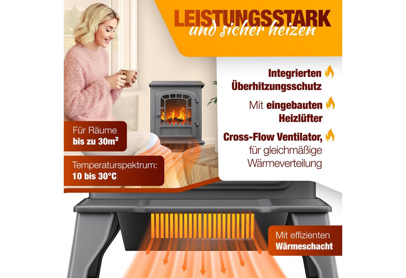 KESSER Elektrokamin 2 in 1, Heizfunktion, 3D Kaminfeuer-Effekt, mit zwei Heizstufen, Sicherheitsabschaltung, Thermostat Regler – Bild 4 von 5