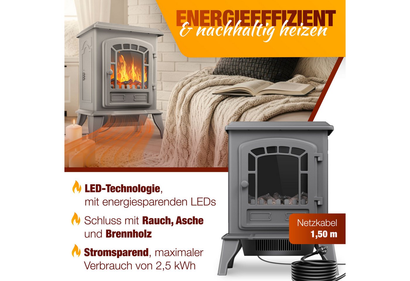 KESSER Elektrokamin 2 in 1, Heizfunktion, 3D Kaminfeuer-Effekt, mit zwei Heizstufen, Sicherheitsabschaltung, Thermostat Regler – Bild 5 von 5