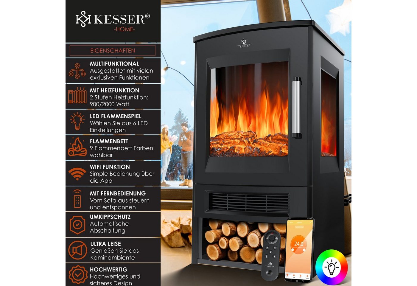 KESSER Elektrokamin, mit Heizung Panorama-Sichtfenster Heizlüfter 9 LED-Flammeneffekt – Bild 2 von 5