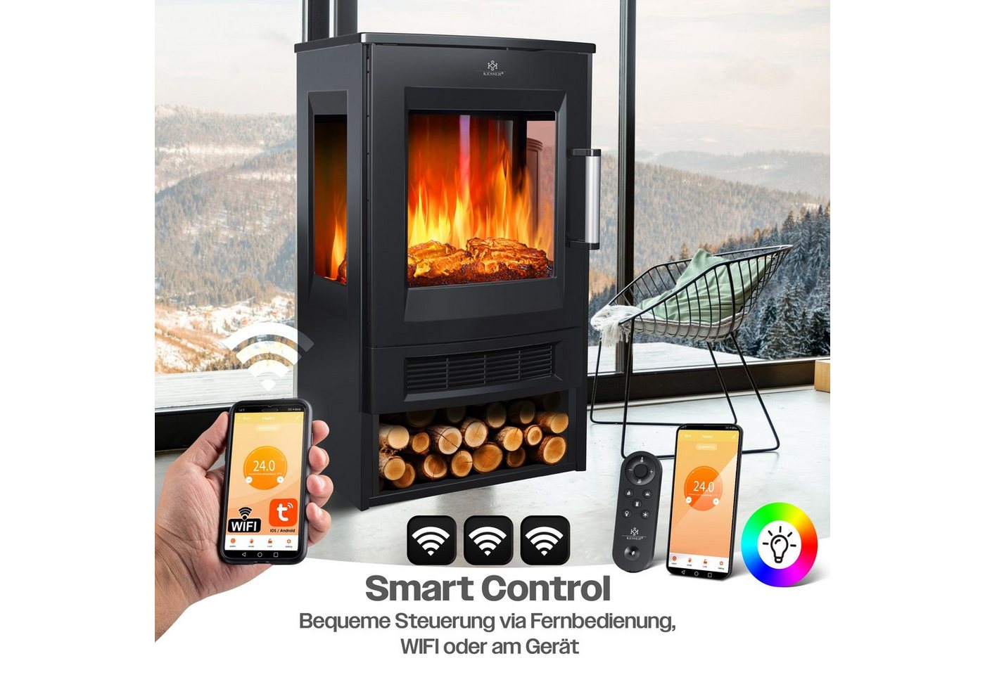 KESSER Elektrokamin, mit Heizung Panorama-Sichtfenster Heizlüfter 9 LED-Flammeneffekt – Bild 3 von 5