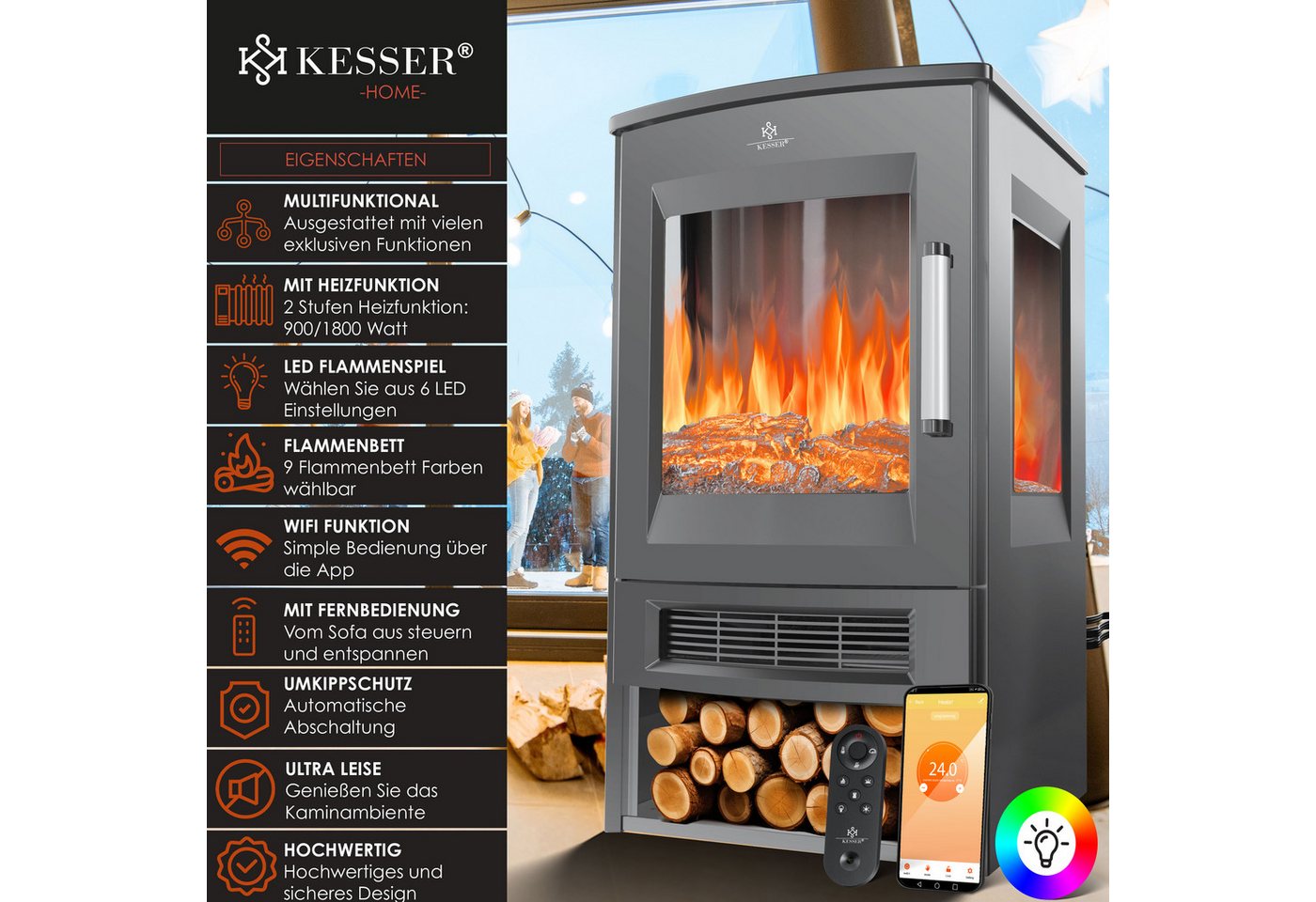 KESSER Elektrokamin, mit Heizung Panorama-Sichtfenster Heizlüfter 9 LED-Flammeneffekt – Bild 2 von 5