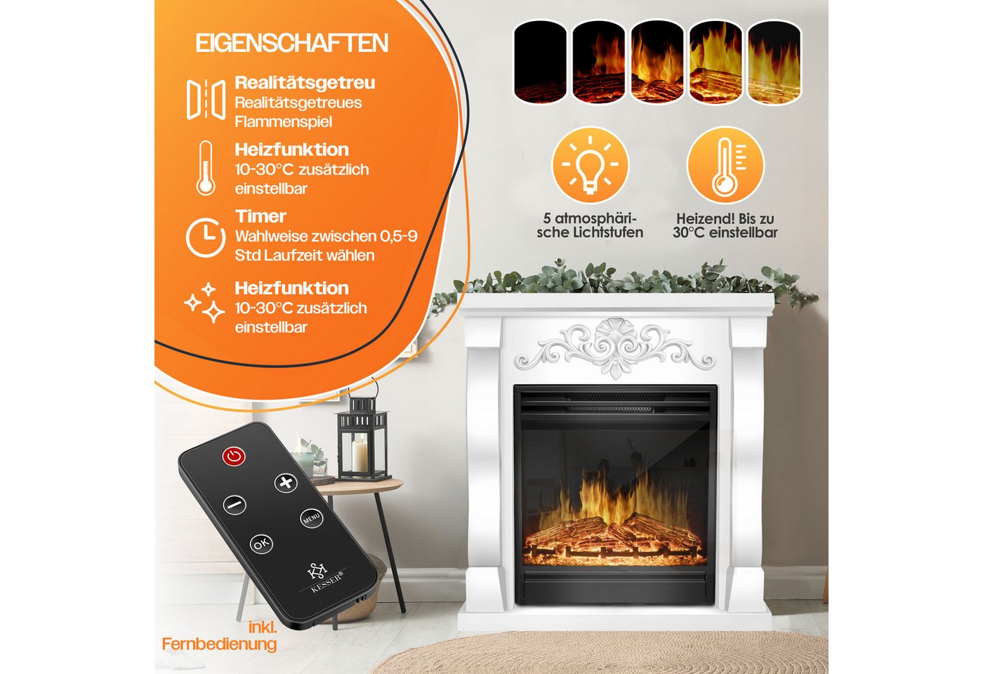KESSER Elektrokamin, Elektrokamin Standkamin Kamin elektrisch mit LED 3D-Flamme – Bild 2 von 5