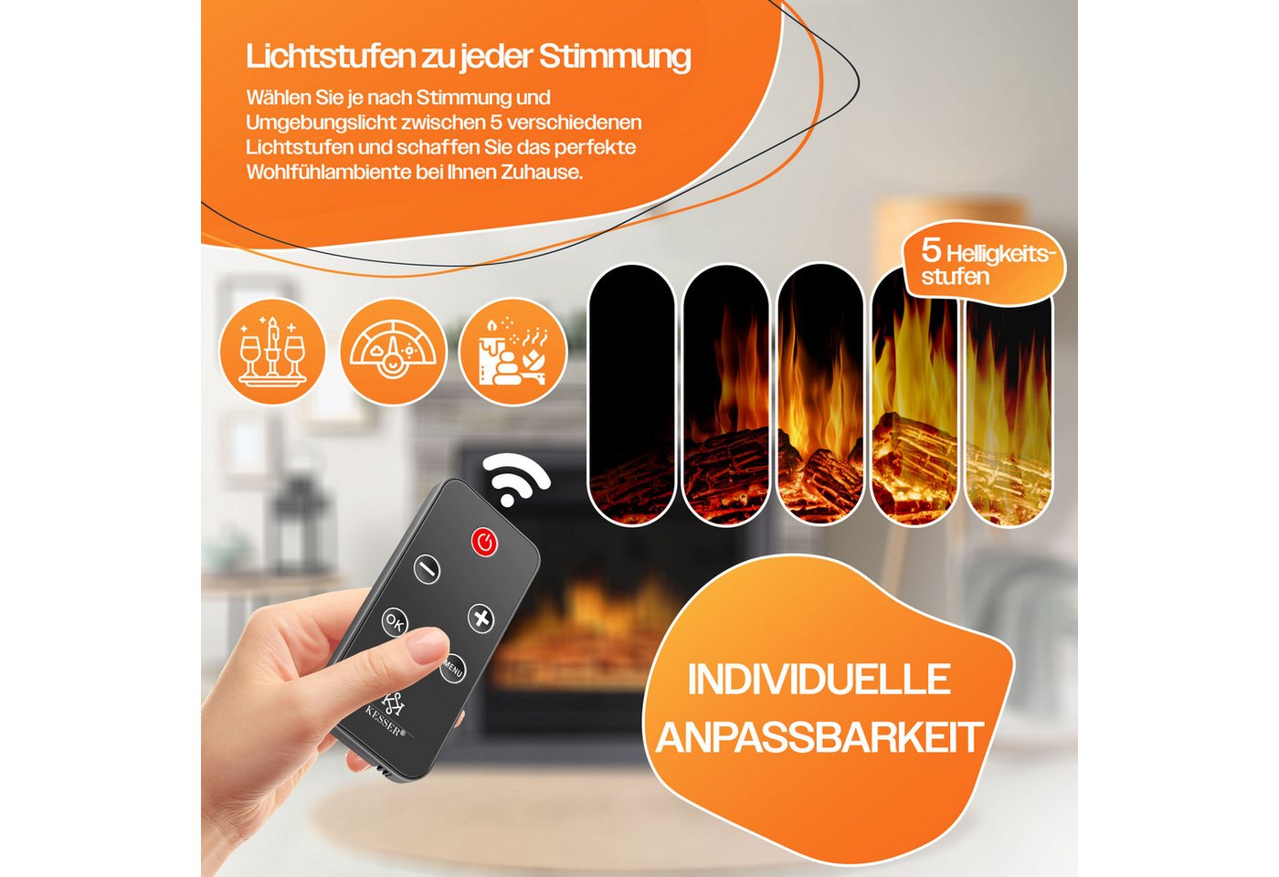 KESSER Elektrokamin, Elektrokamin Standkamin Kamin elektrisch mit LED 3D-Flamme – Bild 4 von 5