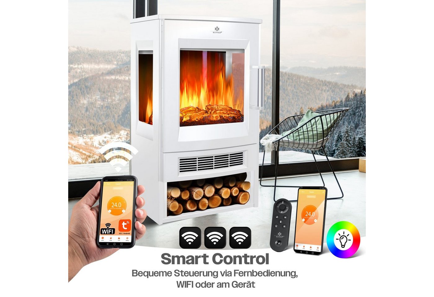 KESSER Elektrokamin, mit Heizung Panorama-Sichtfenster Heizlüfter 9 LED-Flammeneffekt – Bild 3 von 5