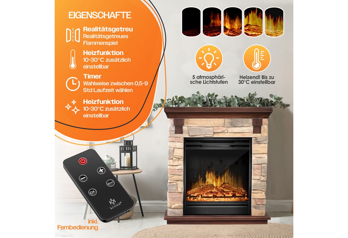 KESSER Elektrokamin, Elektrokamin Standkamin Kamin elektrisch mit LED 3D-Flamme – Bild 2 von 5