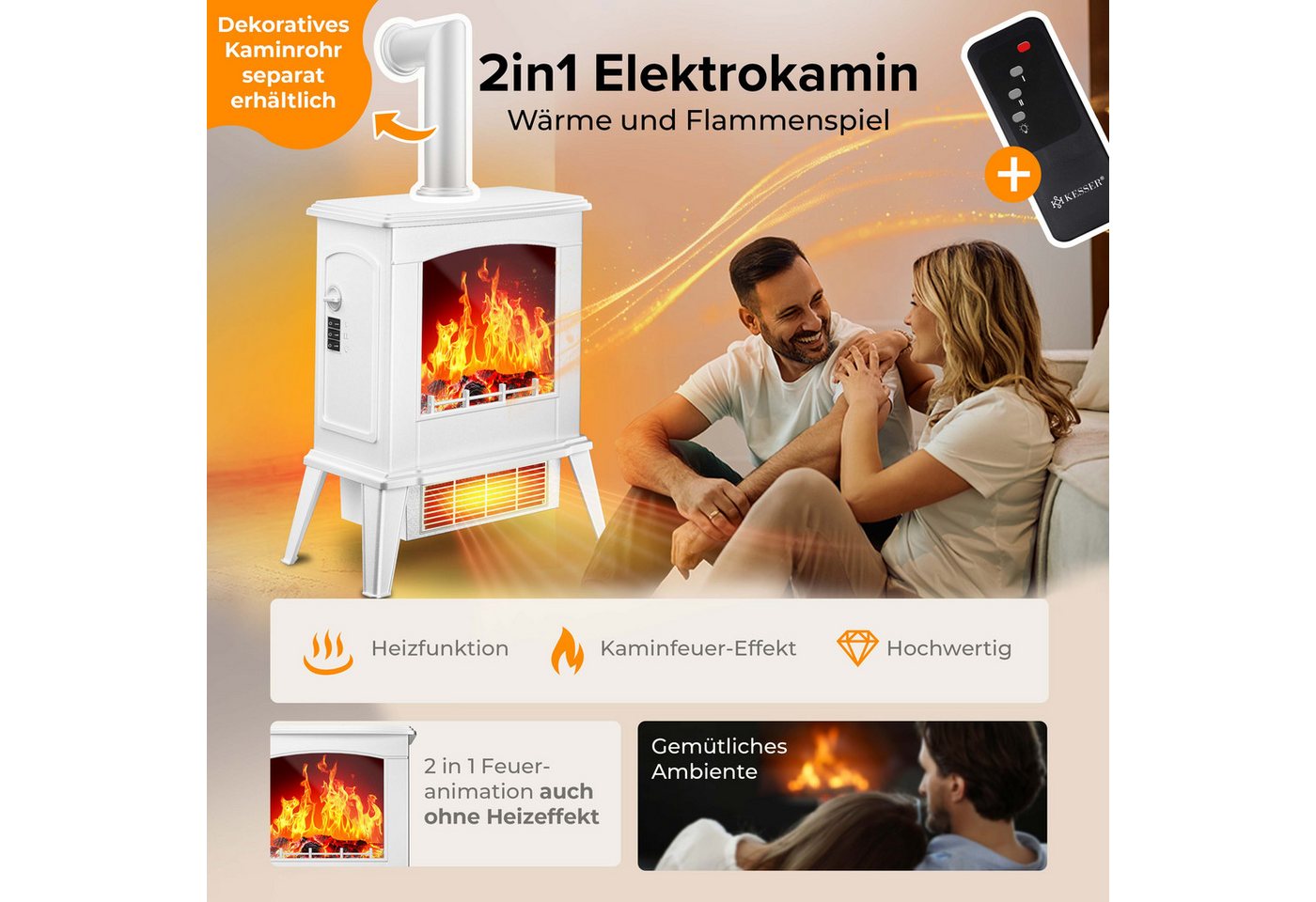 KESSER Elektrokamin mit integrierter Heizfunktion, zwei Heizstufen 1000W / 2000W, mit realistischem LED 3D Feuer- & Flammen Effekt – Bild 2 von 5