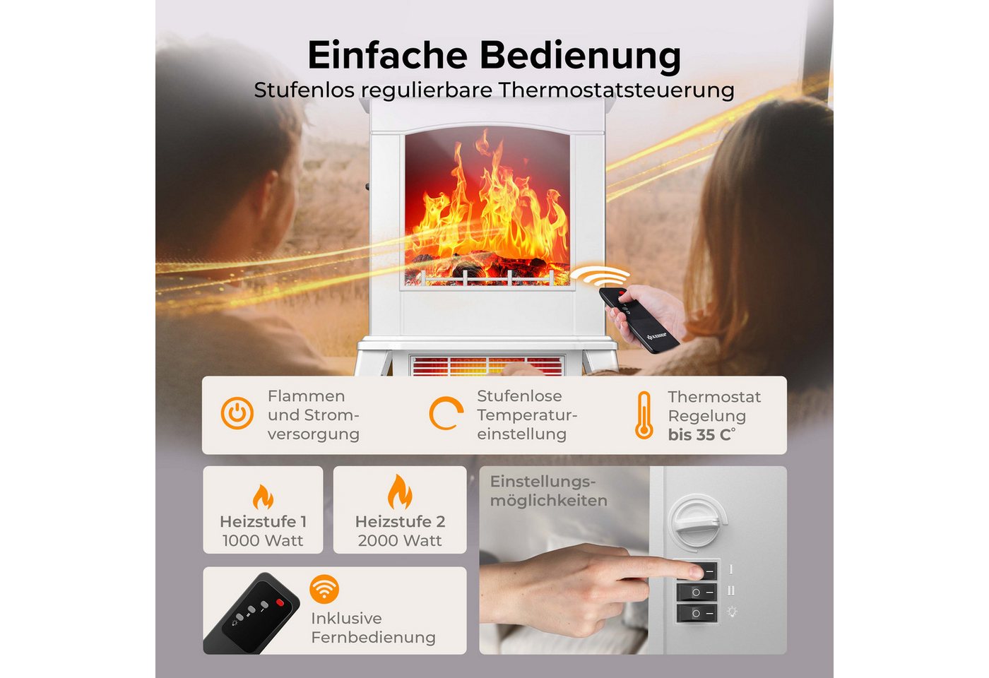 KESSER Elektrokamin mit integrierter Heizfunktion, zwei Heizstufen 1000W / 2000W, mit realistischem LED 3D Feuer- & Flammen Effekt – Bild 5 von 5