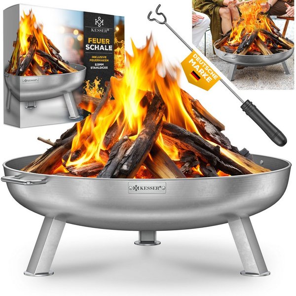 KESSER Feuerschale Feuertonne mit 2,5mm Stahldicke Feuerstelle, (Feuerkorb inklusive Feuerhaken + Wasserablauf), Feuerstelle massives Gusseisen 2 stabile Griffe