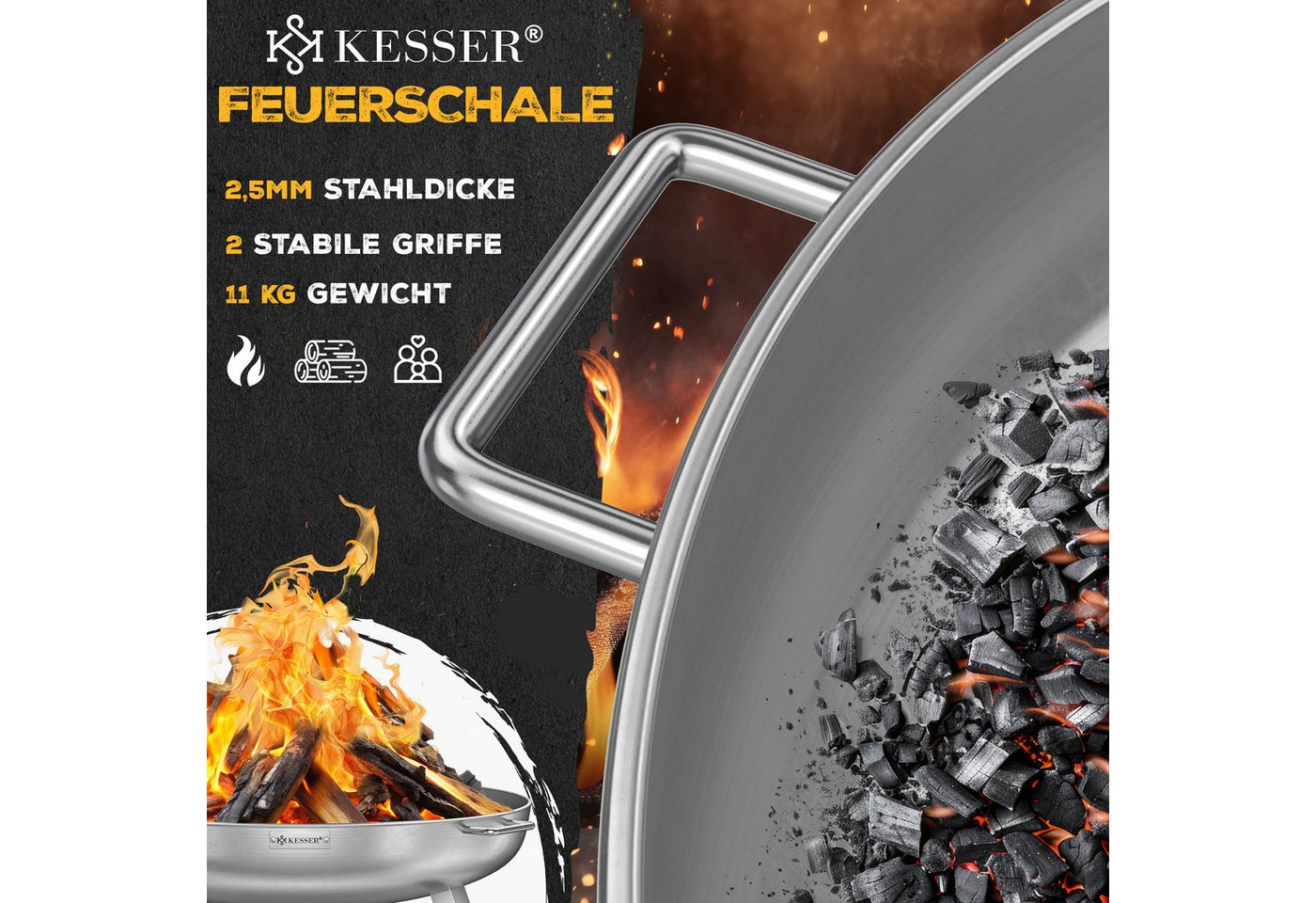 KESSER Feuerschale Feuertonne mit 2,5mm Stahldicke Feuerstelle, (Feuerkorb inklusive Feuerhaken + Wasserablauf), Feuerstelle massives Gusseisen 2 stabile Griffe – Bild 2 von 5