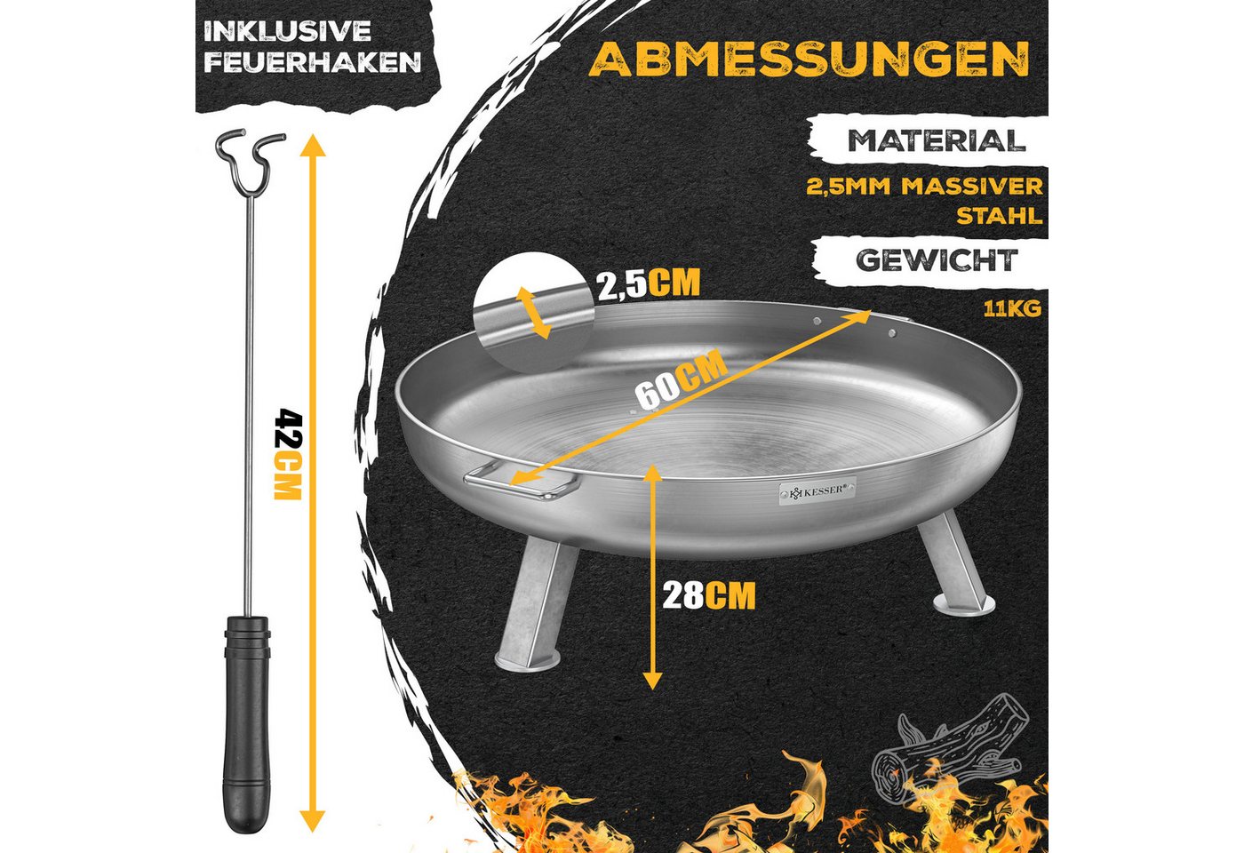 KESSER Feuerschale Feuertonne mit 2,5mm Stahldicke Feuerstelle, (Feuerkorb inklusive Feuerhaken + Wasserablauf), Feuerstelle massives Gusseisen 2 stabile Griffe – Bild 3 von 5