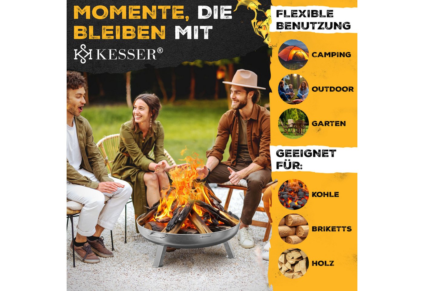 KESSER Feuerschale Feuertonne mit 2,5mm Stahldicke Feuerstelle, (Feuerkorb inklusive Feuerhaken + Wasserablauf), Feuerstelle massives Gusseisen 2 stabile Griffe – Bild 4 von 5