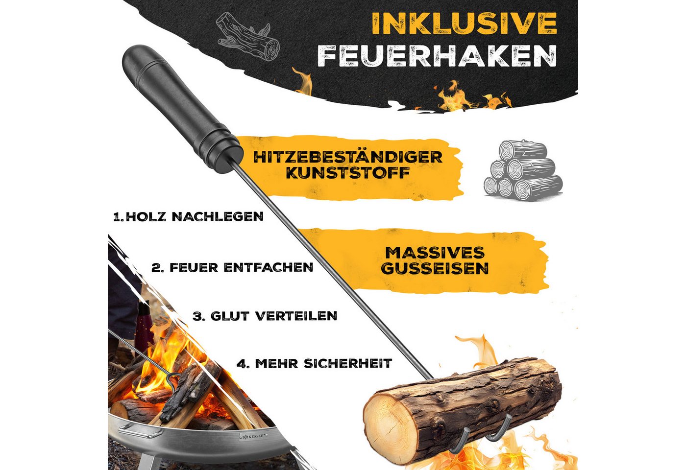 KESSER Feuerschale Feuertonne mit 2,5mm Stahldicke Feuerstelle, (Feuerkorb inklusive Feuerhaken + Wasserablauf), Feuerstelle massives Gusseisen 2 stabile Griffe – Bild 5 von 5