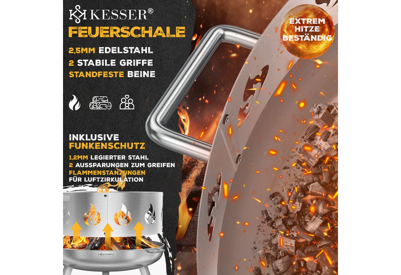 KESSER Feuerschale Feuertonne mit 2,5mm Stahldicke Feuerstelle, (Feuerkorb inklusive Funkenschutz, Feuerhaken + Wasserablauf), Feuerstelle massives Gusseisen 2  – Bild 2 von 5