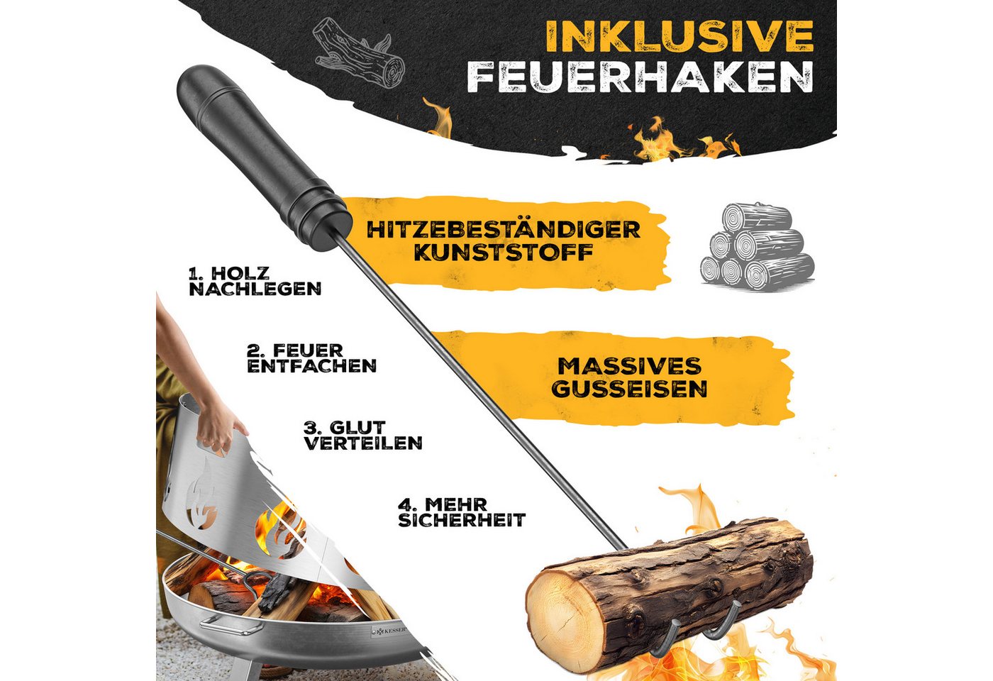 KESSER Feuerschale Feuertonne mit 2,5mm Stahldicke Feuerstelle, (Feuerkorb inklusive Funkenschutz, Feuerhaken + Wasserablauf), Feuerstelle massives Gusseisen 2  – Bild 4 von 5