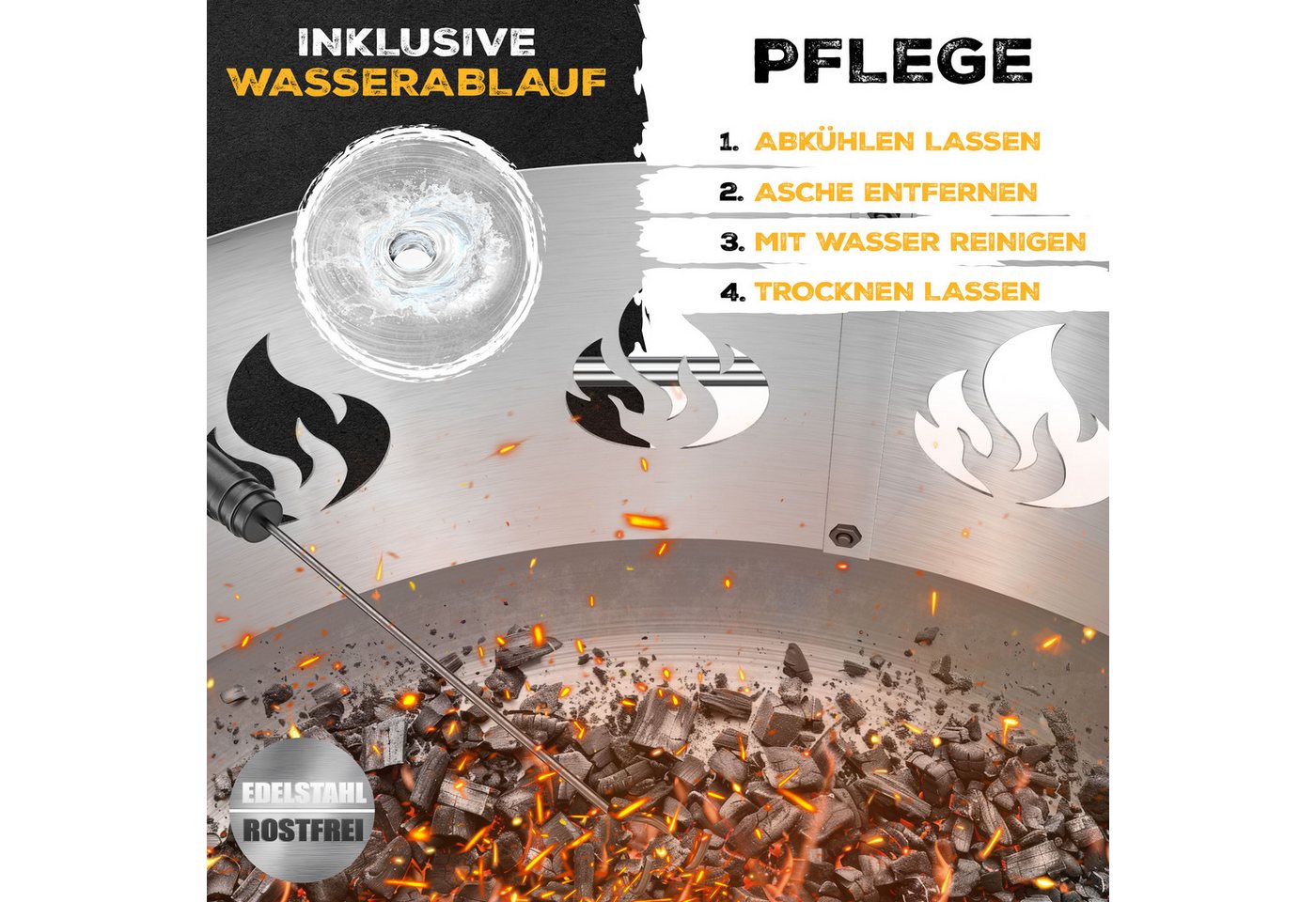 KESSER Feuerschale Feuertonne mit 2,5mm Stahldicke Feuerstelle, (Feuerkorb inklusive Funkenschutz, Feuerhaken + Wasserablauf), Feuerstelle massives Gusseisen 2  – Bild 5 von 5