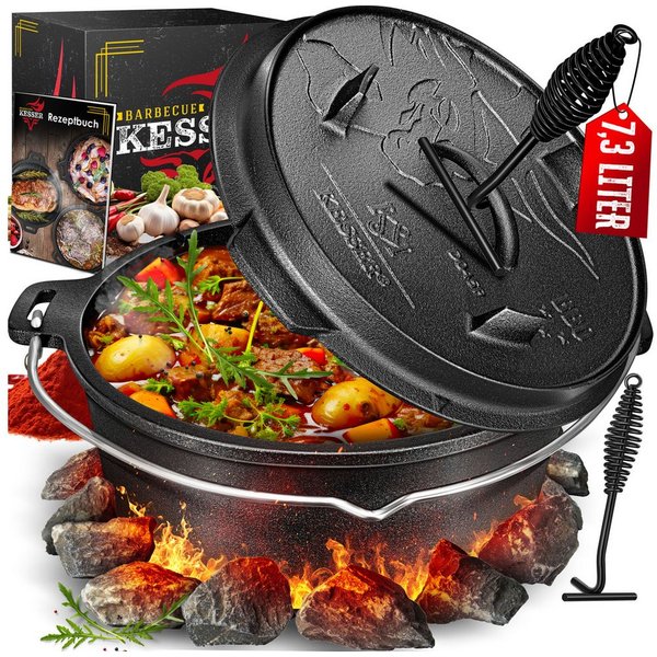 KESSER Feuertopf, Gußeisen, Dutch Oven Set BBQ Feuertopf Schmortopf, Gusseisen Topf