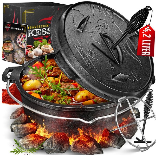 KESSER Feuertopf, Gußeisen, Dutch Oven Set BBQ Feuertopf Schmortopf, Gusseisen Topf