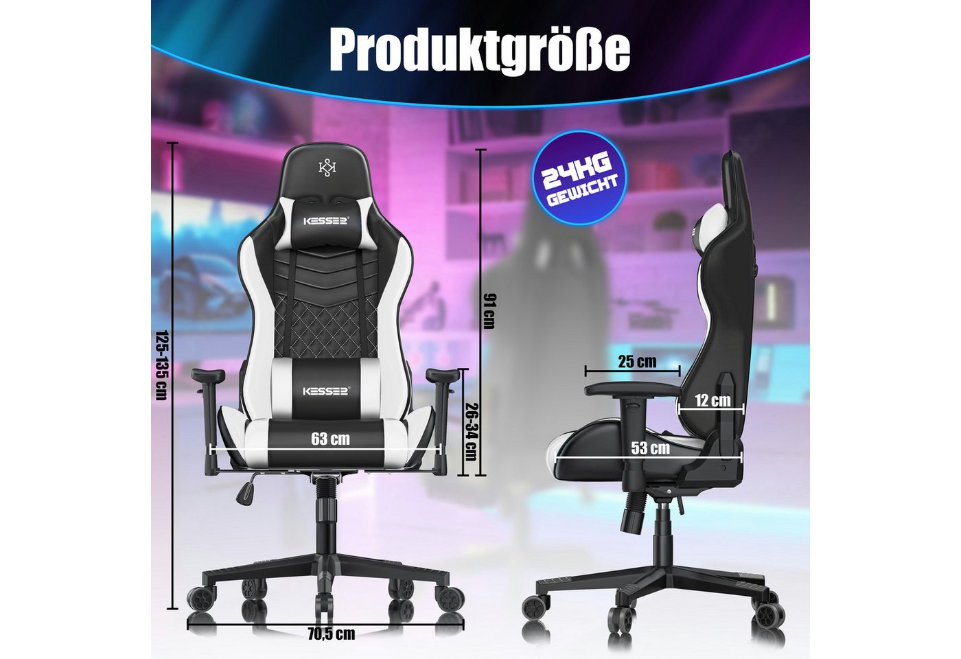 KESSER Gaming Chair, Ergonomisch Gamingstuhl 150kg belastbar Bürostuhl Lenden- & Kopfkissen – Bild 2 von 5