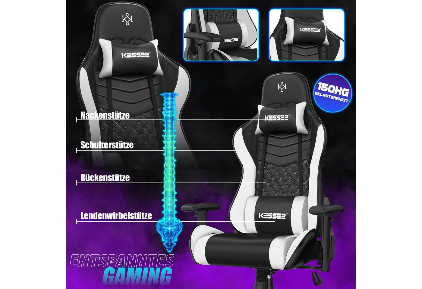 KESSER Gaming Chair, Ergonomisch Gamingstuhl 150kg belastbar Bürostuhl Lenden- & Kopfkissen – Bild 3 von 5