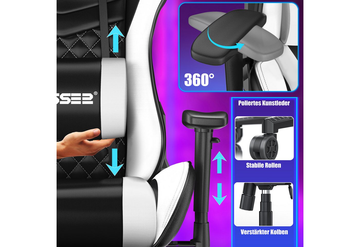 KESSER Gaming Chair, Ergonomisch Gamingstuhl 150kg belastbar Bürostuhl Lenden- & Kopfkissen – Bild 4 von 5