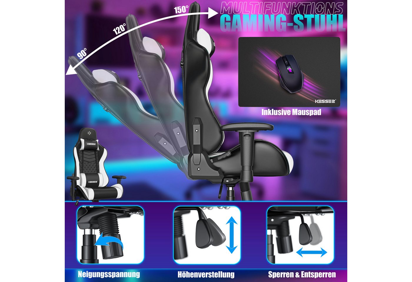 KESSER Gaming Chair, Ergonomisch Gamingstuhl 150kg belastbar Bürostuhl Lenden- & Kopfkissen – Bild 5 von 5