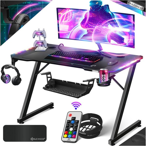 KESSER Gamingtisch, Gaming Schreibtisch mit Getränkehalter Ergonomischer Gamer Tisch