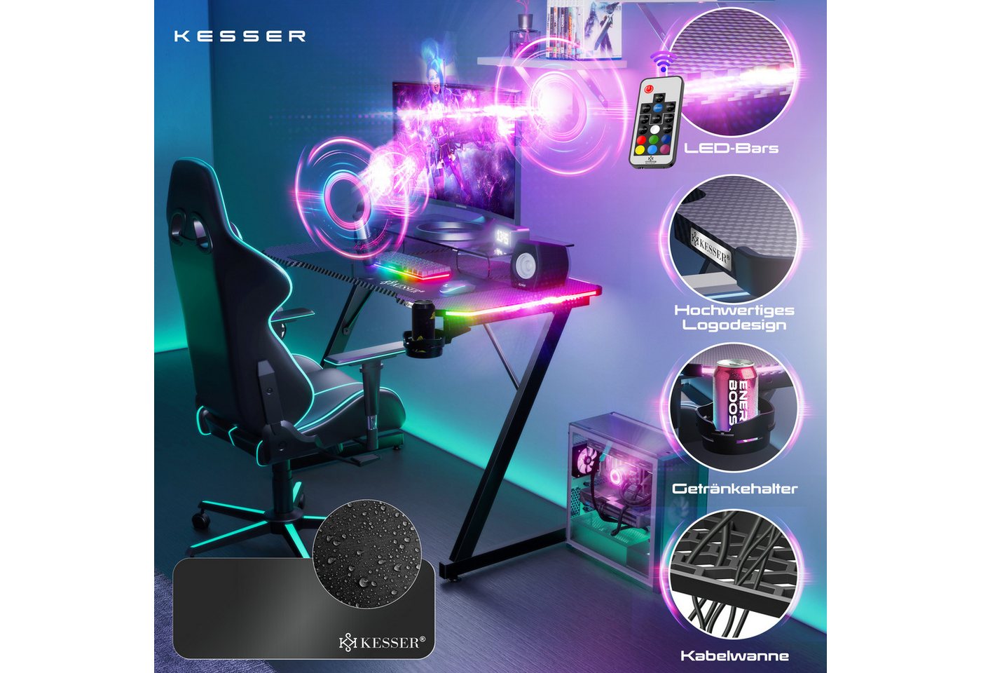 KESSER Gamingtisch, Gaming Schreibtisch mit Getränkehalter Ergonomischer Gamer Tisch – Bild 2 von 5