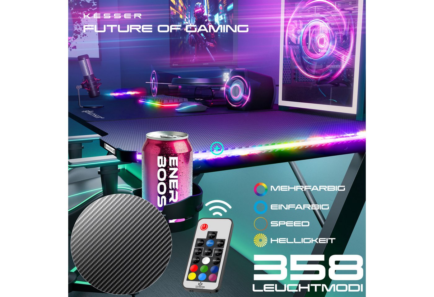 KESSER Gamingtisch, Gaming Schreibtisch mit Getränkehalter Ergonomischer Gamer Tisch – Bild 3 von 5