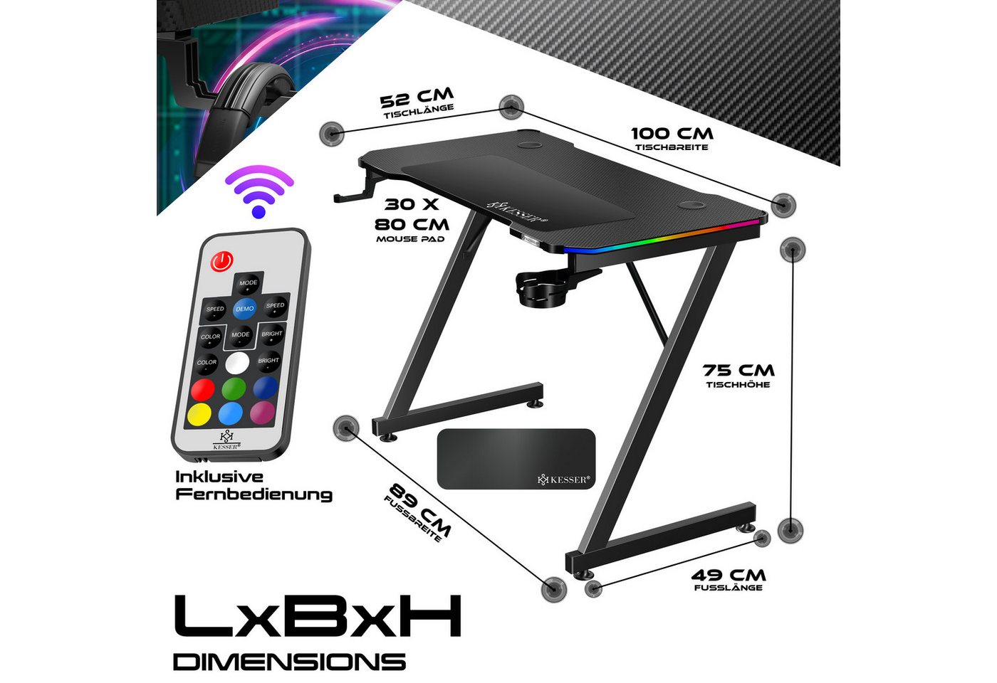 KESSER Gamingtisch, Gaming Schreibtisch mit Getränkehalter Ergonomischer Gamer Tisch – Bild 4 von 5