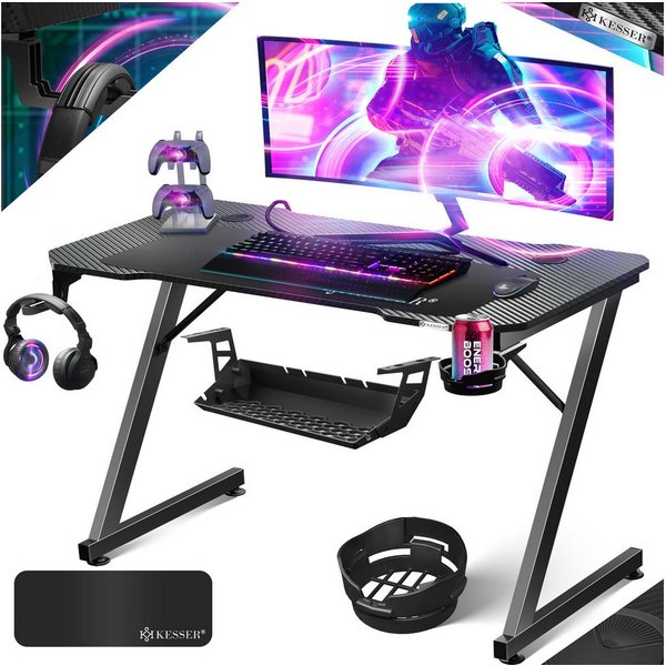 KESSER Gamingtisch, Gaming Schreibtisch mit Getränkehalter Ergonomischer Gamer Tisch
