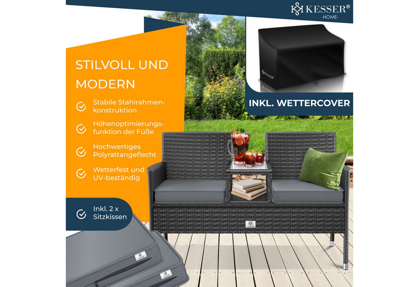 KESSER Gartenbank, Polyrattan Gartenbank 2-Sitzer Bank mit integriertem Tisch – Bild 2 von 5