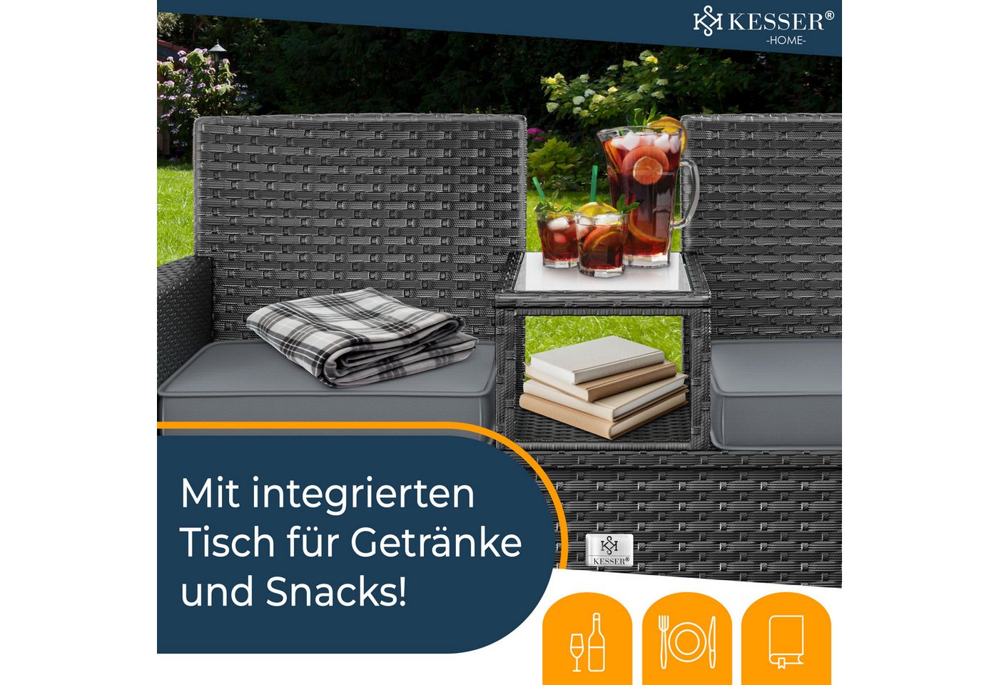 KESSER Gartenbank, Polyrattan Gartenbank 2-Sitzer Bank mit integriertem Tisch – Bild 3 von 5