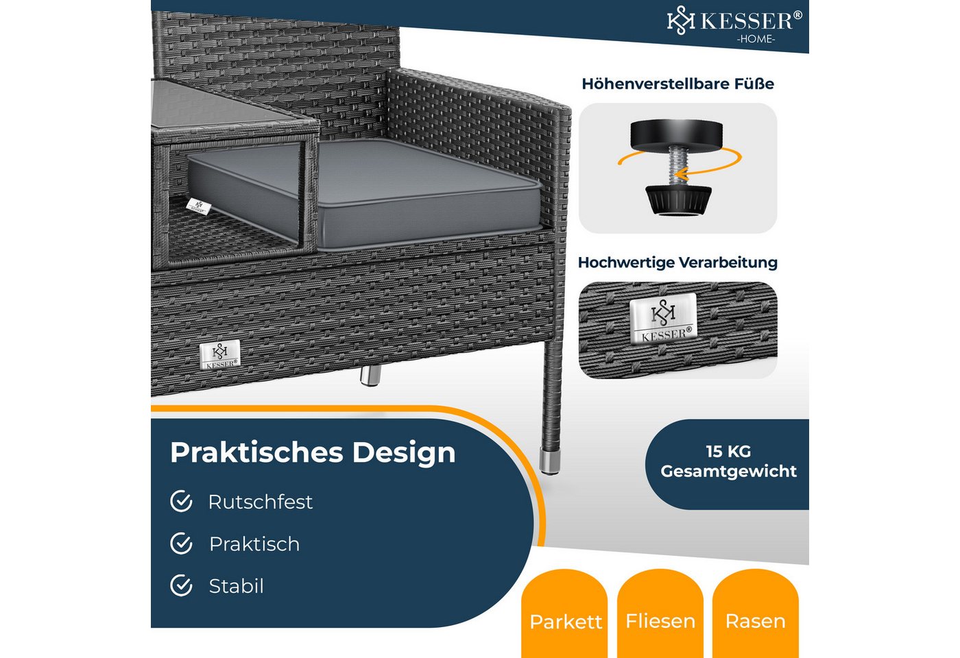 KESSER Gartenbank, Polyrattan Gartenbank 2-Sitzer Bank mit integriertem Tisch – Bild 5 von 5
